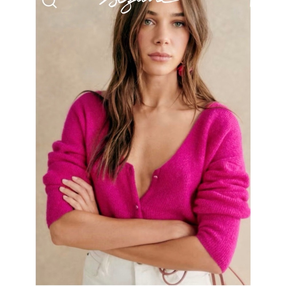 Sezane Barry Cardigan Size Small Fuschia Pink Mohair Alpaca Blend V Neck Sweater - Picture 3 of 9